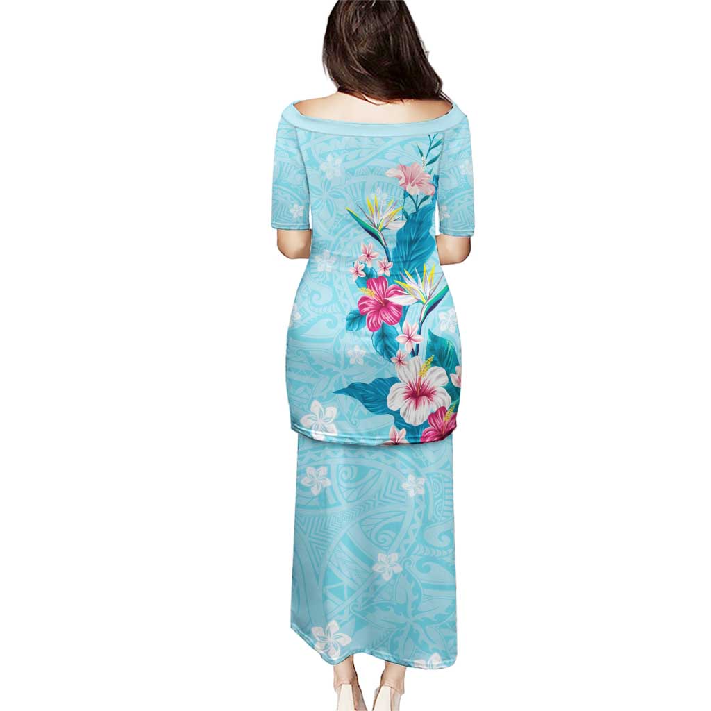 Hawaii Tropical Flowers Puletasi Polynesian Tattoo Sky Blue