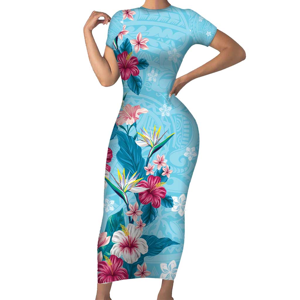 Hawaii Tropical Flowers Short Sleeve Bodycon Dress Polynesian Tattoo Sky Blue LT05 Long Dress Blue - Polynesian Pride