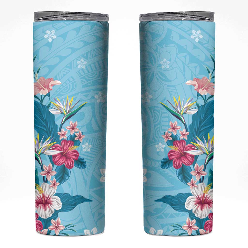 Hawaii Tropical Flowers Skinny Tumbler Polynesian Tattoo Sky Blue