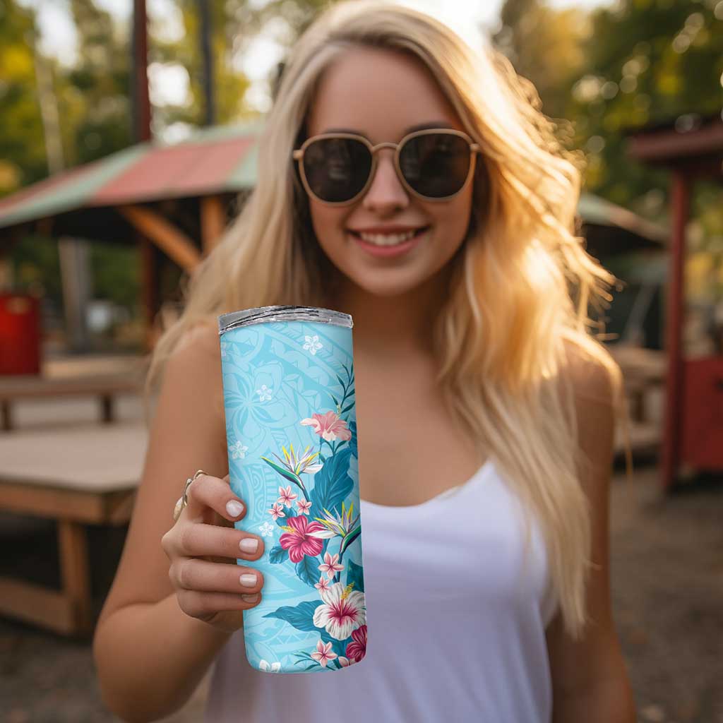 Hawaii Tropical Flowers Skinny Tumbler Polynesian Tattoo Sky Blue