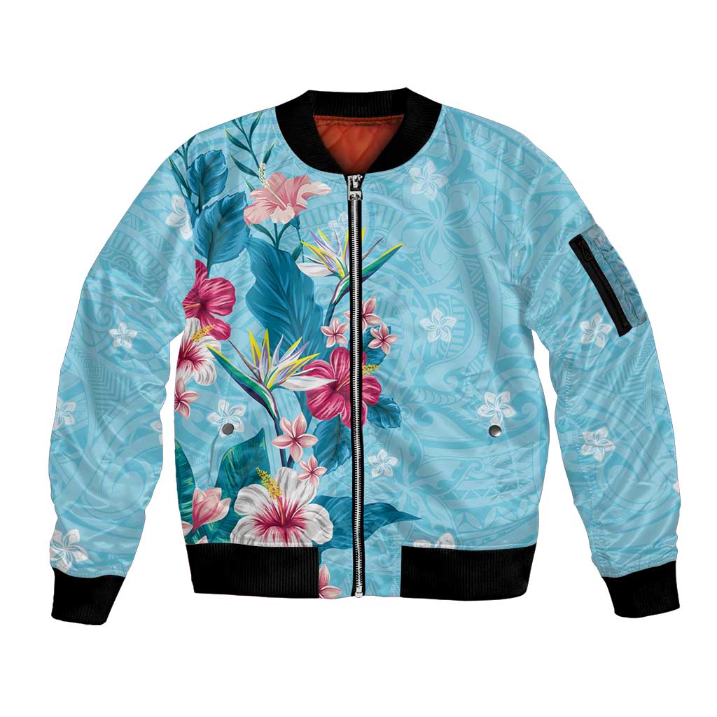 Hawaii Tropical Flowers Sleeve Zip Bomber Jacket Polynesian Tattoo Sky Blue LT05 Unisex Blue - Polynesian Pride
