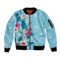 Hawaii Tropical Flowers Sleeve Zip Bomber Jacket Polynesian Tattoo Sky Blue LT05 Unisex Blue - Polynesian Pride