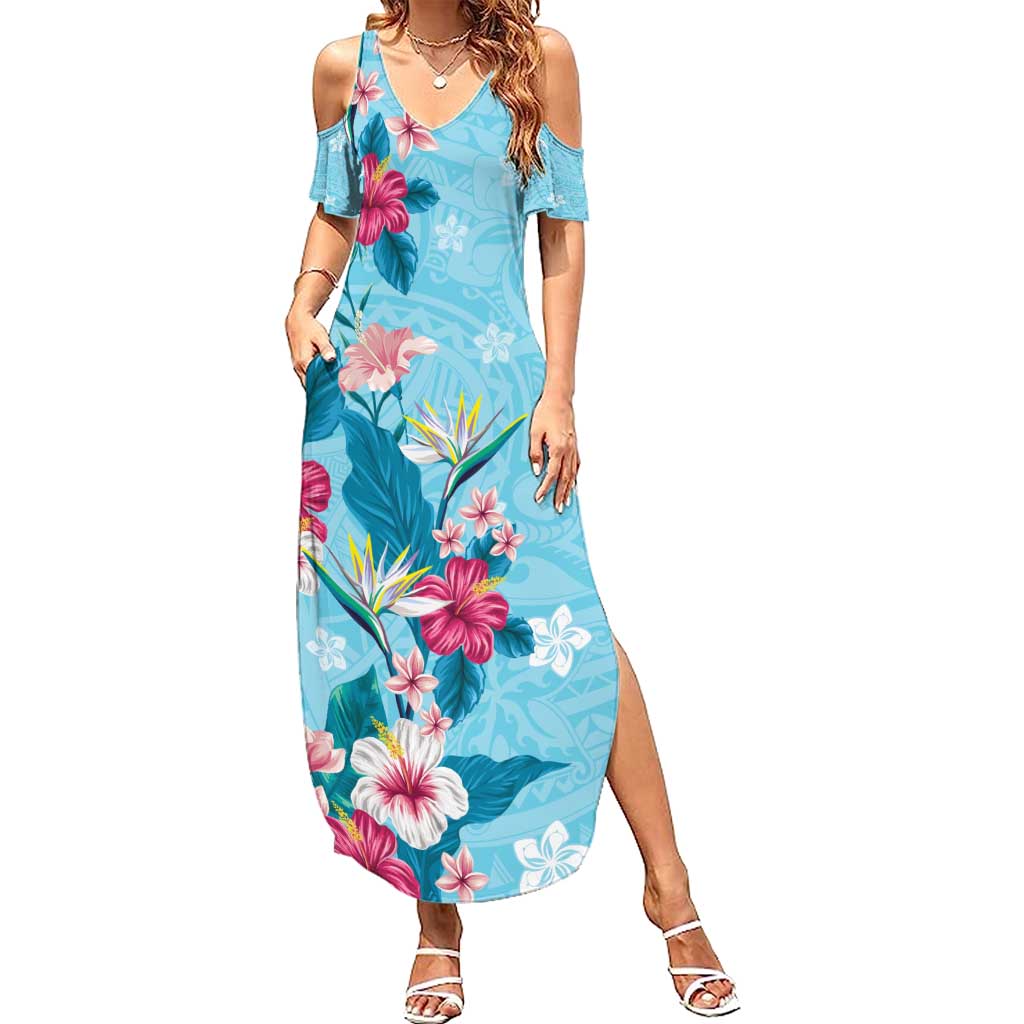 Hawaii Tropical Flowers Summer Maxi Dress Polynesian Tattoo Sky Blue