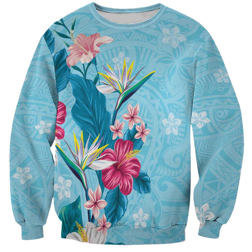 Hawaii Tropical Flowers Sweatshirt Polynesian Tattoo Sky Blue LT05 Unisex Blue - Polynesian Pride