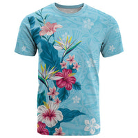 Hawaii Tropical Flowers T Shirt Polynesian Tattoo Sky Blue