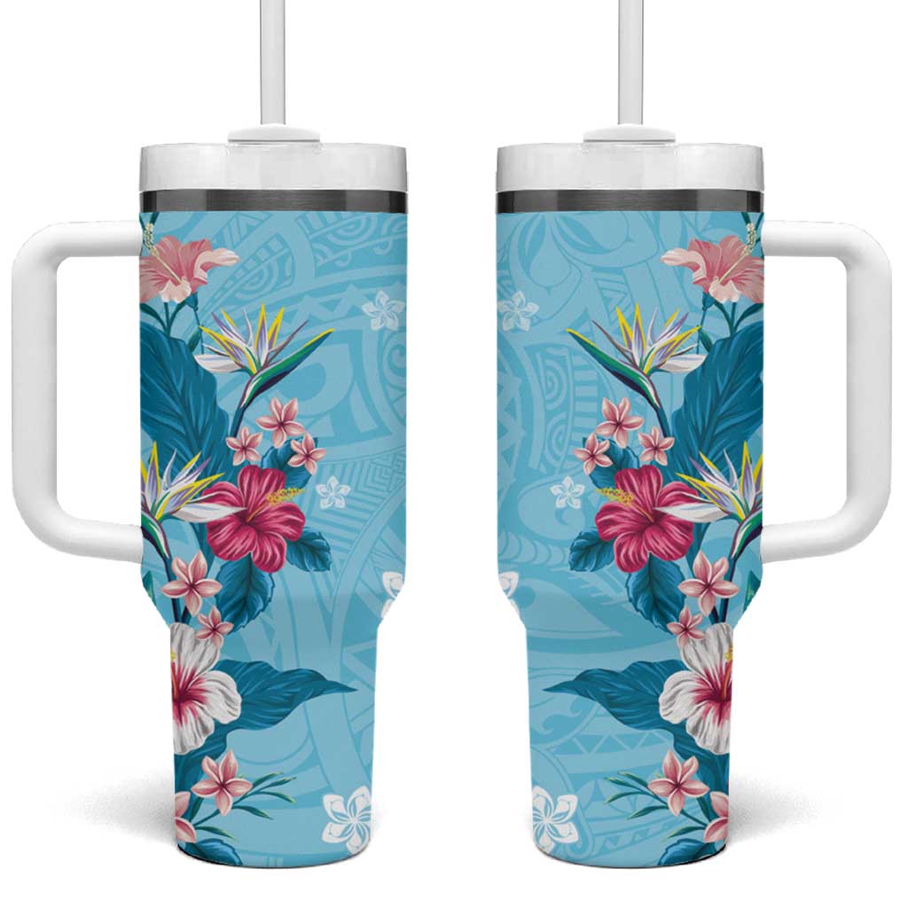 Hawaii Tropical Flowers Tumbler With Handle Polynesian Tattoo Sky Blue