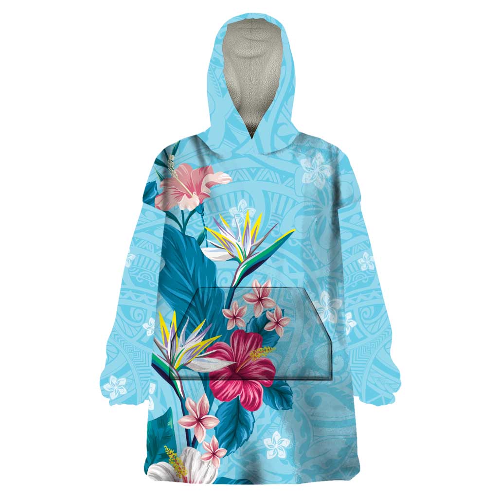 Hawaii Tropical Flowers Wearable Blanket Hoodie Polynesian Tattoo Sky Blue