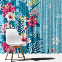 Hawaii Tropical Flowers Window Curtain Polynesian Tattoo Sky Blue