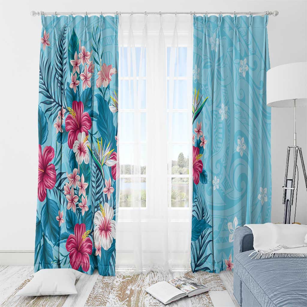 Hawaii Tropical Flowers Window Curtain Polynesian Tattoo Sky Blue