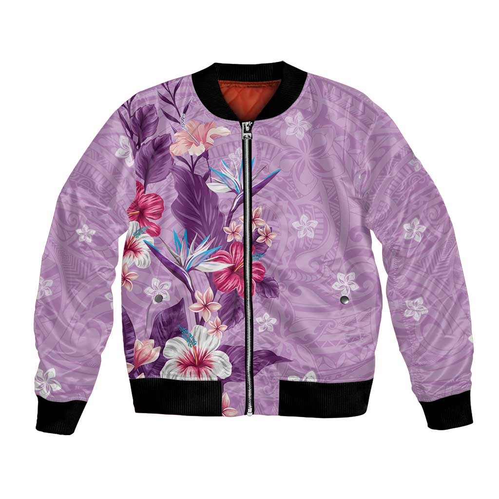 Hawaii Tropical Flowers Bomber Jacket Polynesian Tattoo Lavender