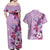 Hawaii Tropical Flowers Couples Matching Off Shoulder Maxi Dress and Hawaiian Shirt Polynesian Tattoo Lavender