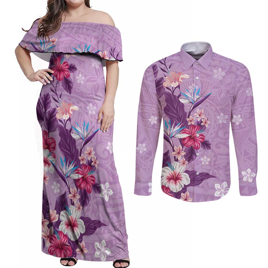 Hawaii Tropical Flowers Couples Matching Off Shoulder Maxi Dress and Long Sleeve Button Shirt Polynesian Tattoo Lavender