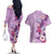Hawaii Tropical Flowers Couples Matching Off The Shoulder Long Sleeve Dress and Hawaiian Shirt Polynesian Tattoo Lavender