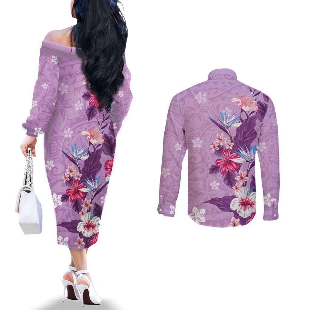 Hawaii Tropical Flowers Couples Matching Off The Shoulder Long Sleeve Dress and Long Sleeve Button Shirt Polynesian Tattoo Lavender