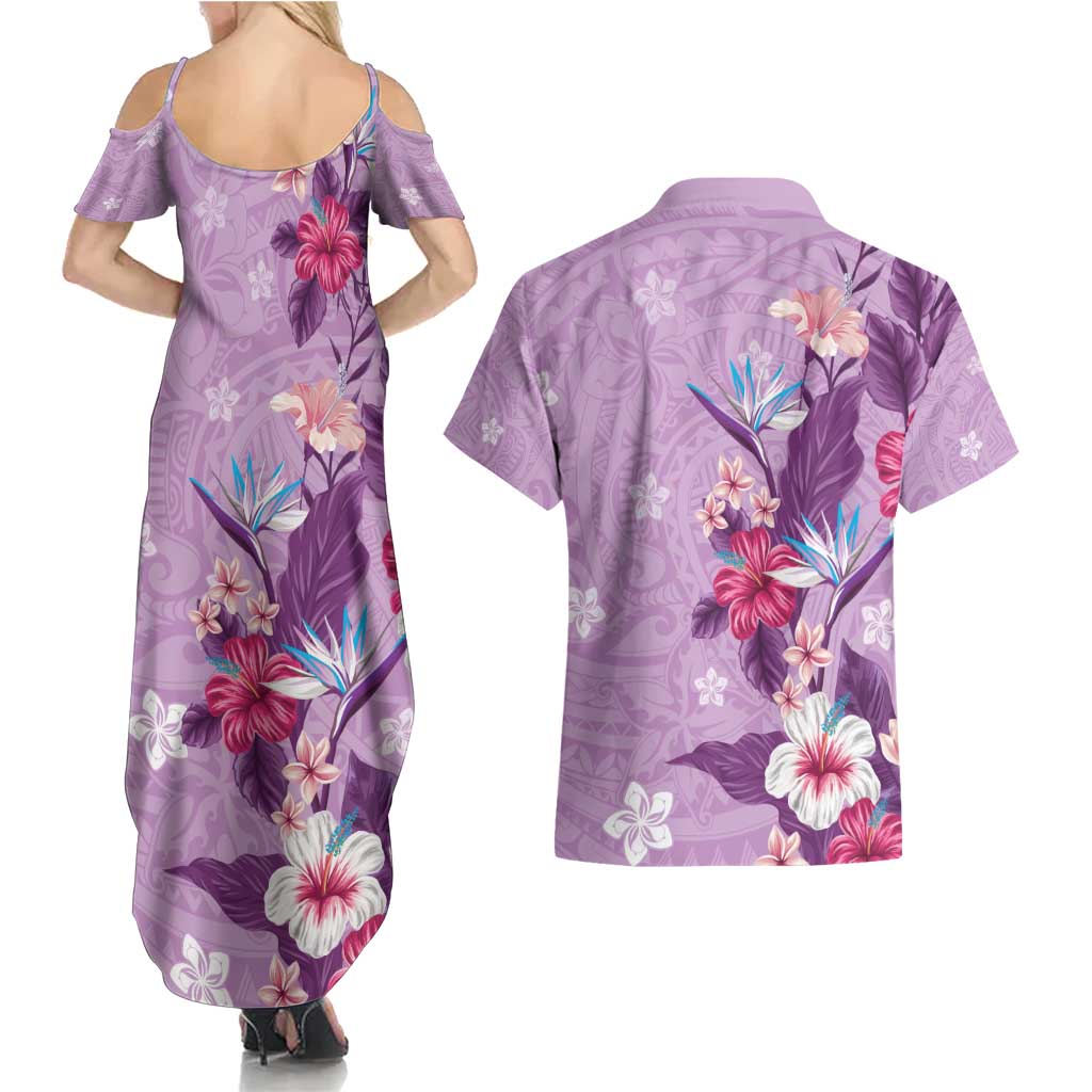Hawaii Tropical Flowers Couples Matching Summer Maxi Dress and Hawaiian Shirt Polynesian Tattoo Lavender