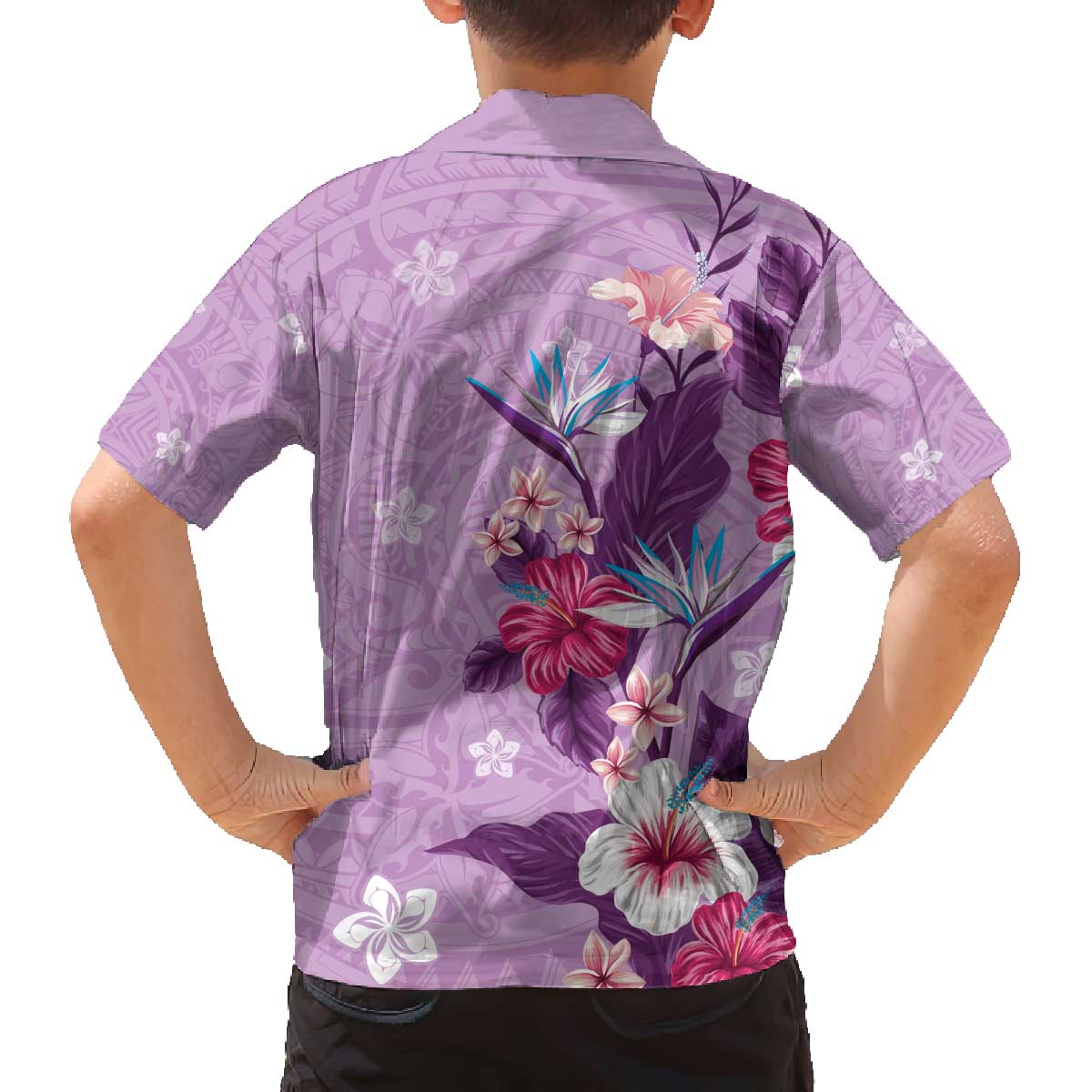 Hawaii Tropical Flowers Family Matching Off Shoulder Short Dress and Hawaiian Shirt Polynesian Tattoo Lavender