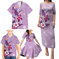 Hawaii Tropical Flowers Family Matching Puletasi and Hawaiian Shirt Polynesian Tattoo Lavender LT05 - Polynesian Pride