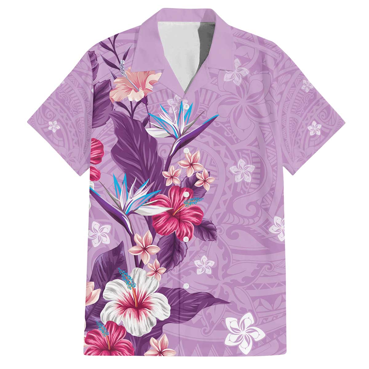 Hawaii Tropical Flowers Family Matching Puletasi and Hawaiian Shirt Polynesian Tattoo Lavender LT05 Dad's Shirt - Short Sleeve Lavender - Polynesian Pride