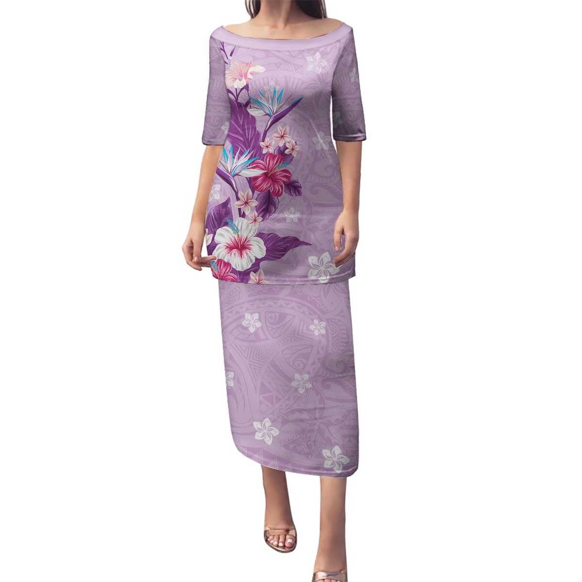 Hawaii Tropical Flowers Family Matching Puletasi and Hawaiian Shirt Polynesian Tattoo Lavender LT05 Mom's Dress Lavender - Polynesian Pride