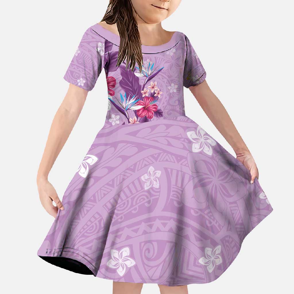 Hawaii Tropical Flowers Family Matching Short Sleeve Bodycon Dress and Hawaiian Shirt Polynesian Tattoo Lavender LT05 Daughter's Dress Lavender - Polynesian Pride