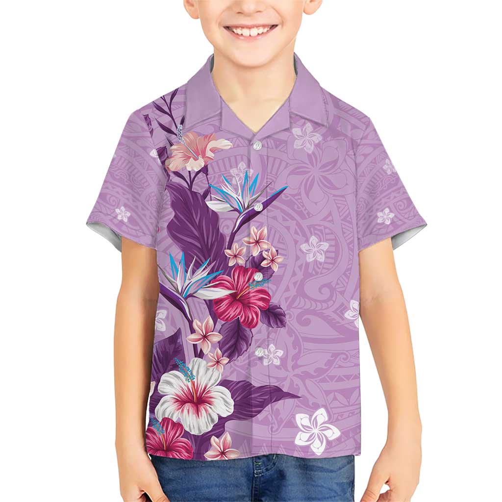 Hawaii Tropical Flowers Family Matching Short Sleeve Bodycon Dress and Hawaiian Shirt Polynesian Tattoo Lavender LT05 Son's Shirt Lavender - Polynesian Pride