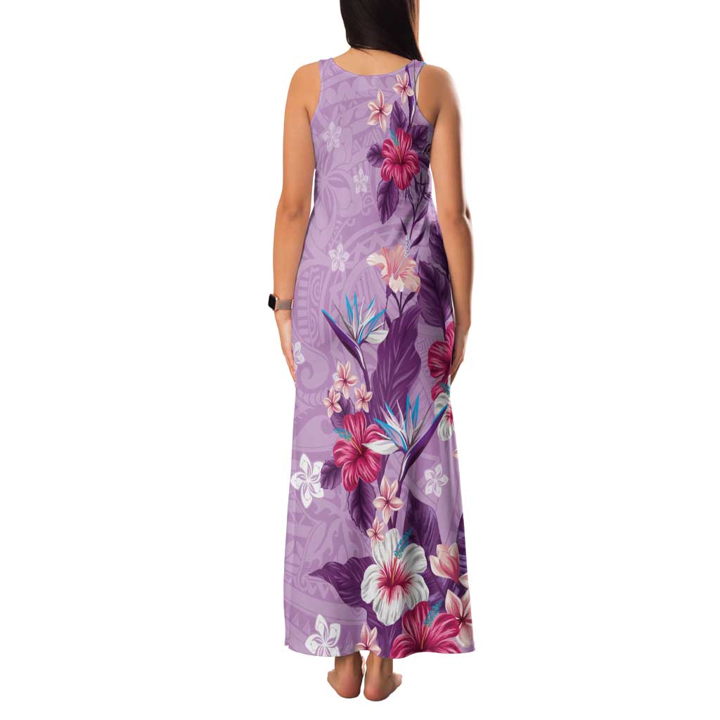 Hawaii Tropical Flowers Family Matching Tank Maxi Dress and Hawaiian Shirt Polynesian Tattoo Lavender