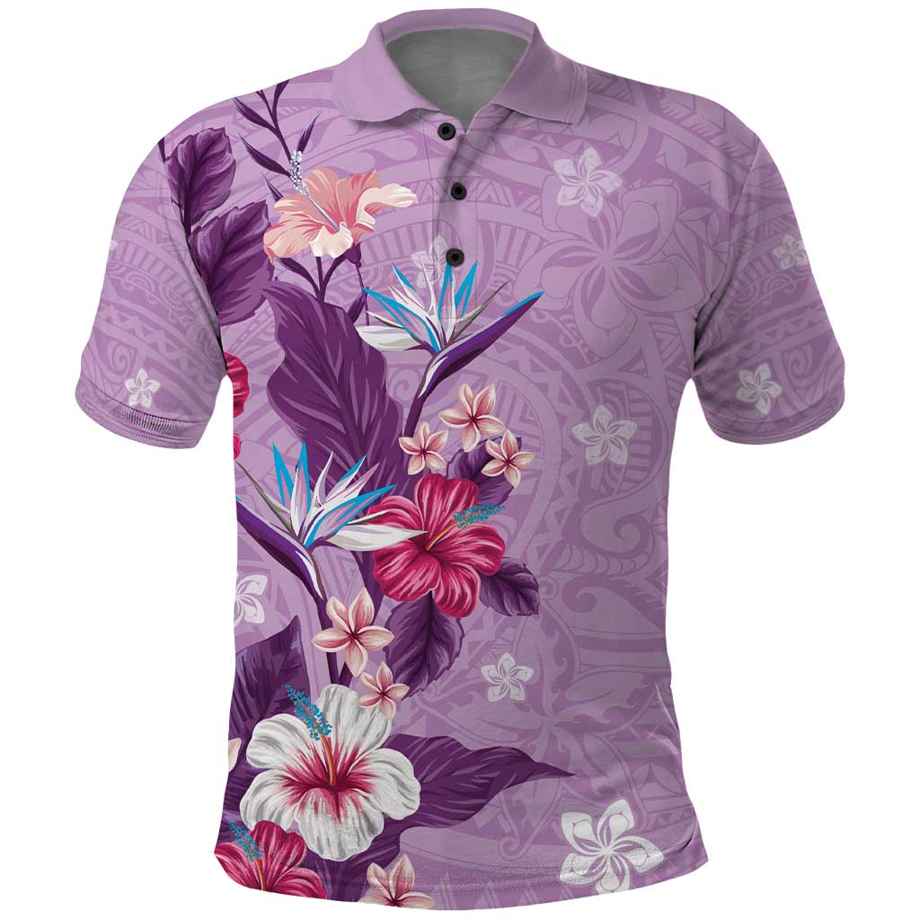 Hawaii Tropical Flowers Polo Shirt Polynesian Tattoo Lavender