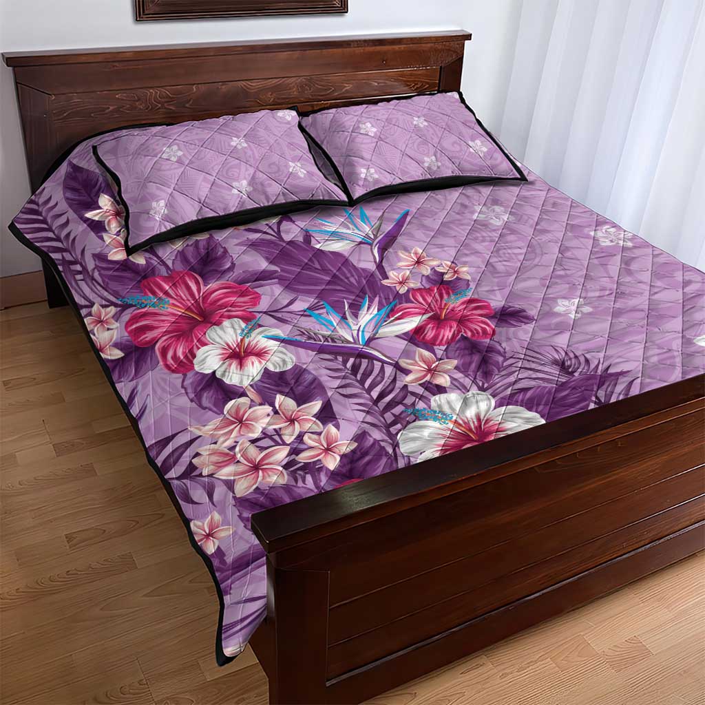 Hawaii Tropical Flowers Quilt Bed Set Polynesian Tattoo Lavender