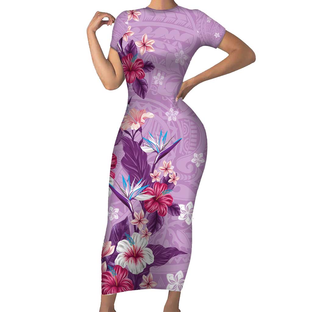 Hawaii Tropical Flowers Short Sleeve Bodycon Dress Polynesian Tattoo Lavender LT05 Long Dress Lavender - Polynesian Pride