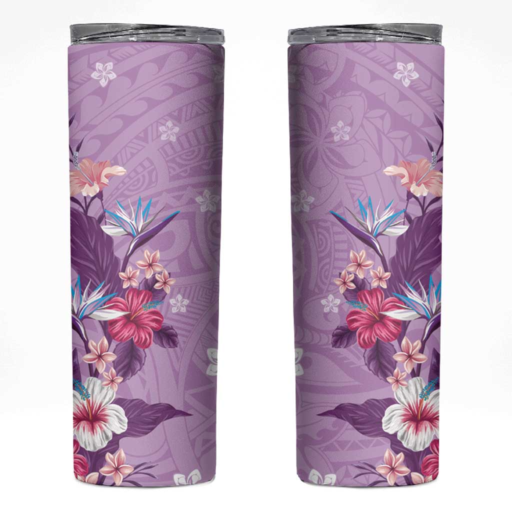 Hawaii Tropical Flowers Skinny Tumbler Polynesian Tattoo Lavender