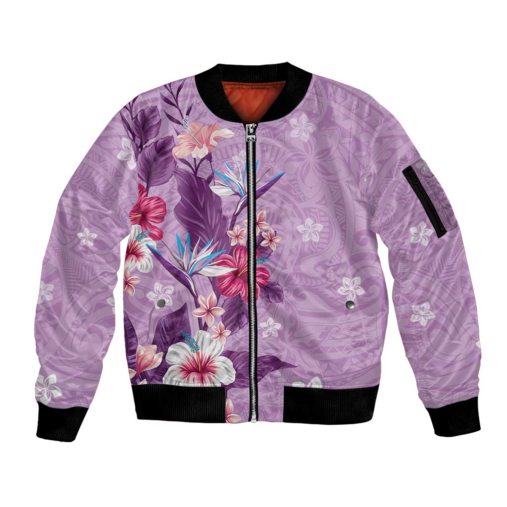 Hawaii Tropical Flowers Sleeve Zip Bomber Jacket Polynesian Tattoo Lavender