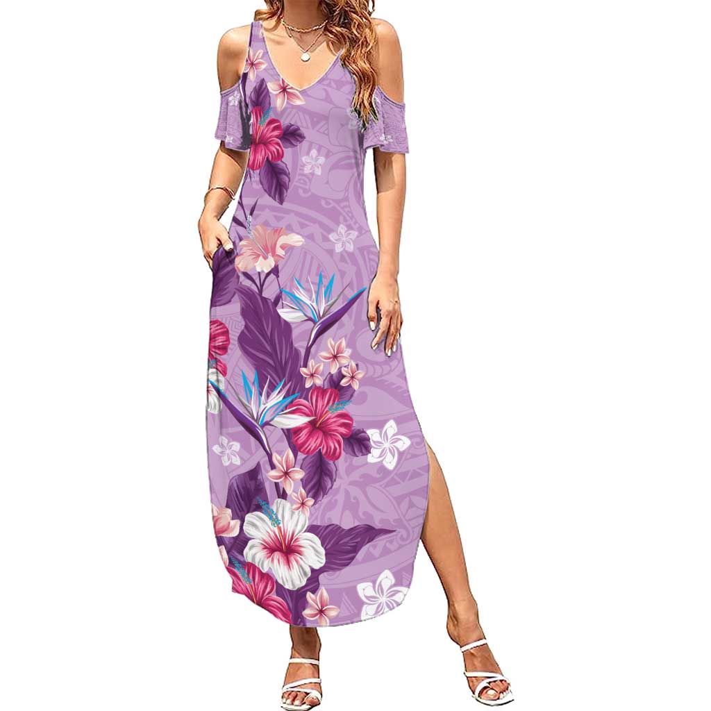 Hawaii Tropical Flowers Summer Maxi Dress Polynesian Tattoo Lavender