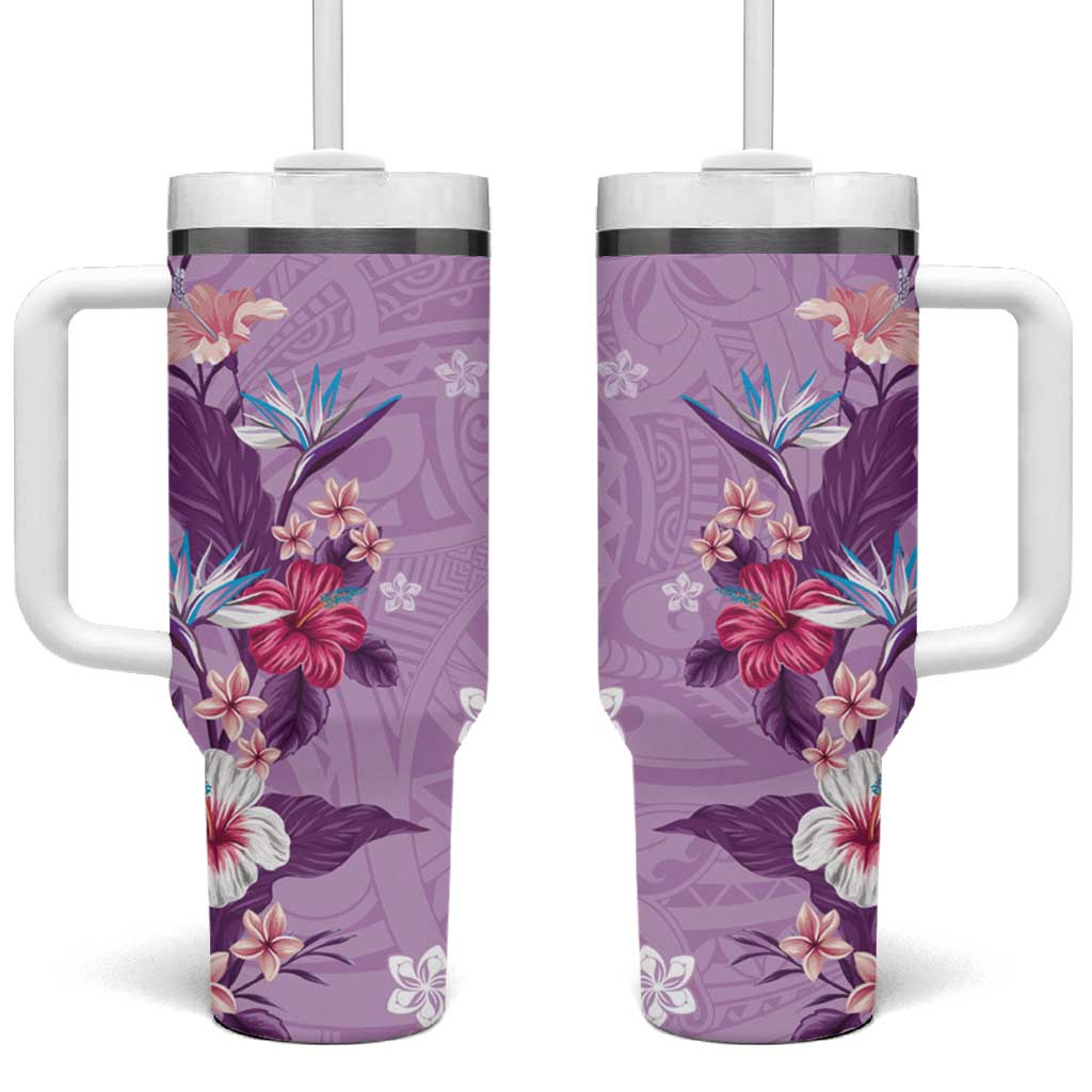 Hawaii Tropical Flowers Tumbler With Handle Polynesian Tattoo Lavender