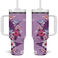 Hawaii Tropical Flowers Tumbler With Handle Polynesian Tattoo Lavender