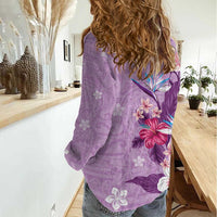 Hawaii Tropical Flowers Women Casual Shirt Polynesian Tattoo Lavender