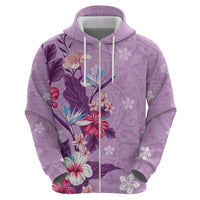Hawaii Tropical Flowers Zip Hoodie Polynesian Tattoo Lavender