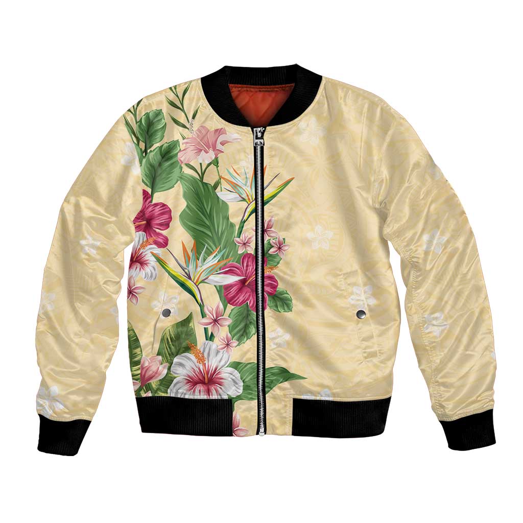 Hawaii Tropical Flowers Bomber Jacket Polynesian Tattoo Buttermilk LT05 Unisex Beige - Polynesian Pride