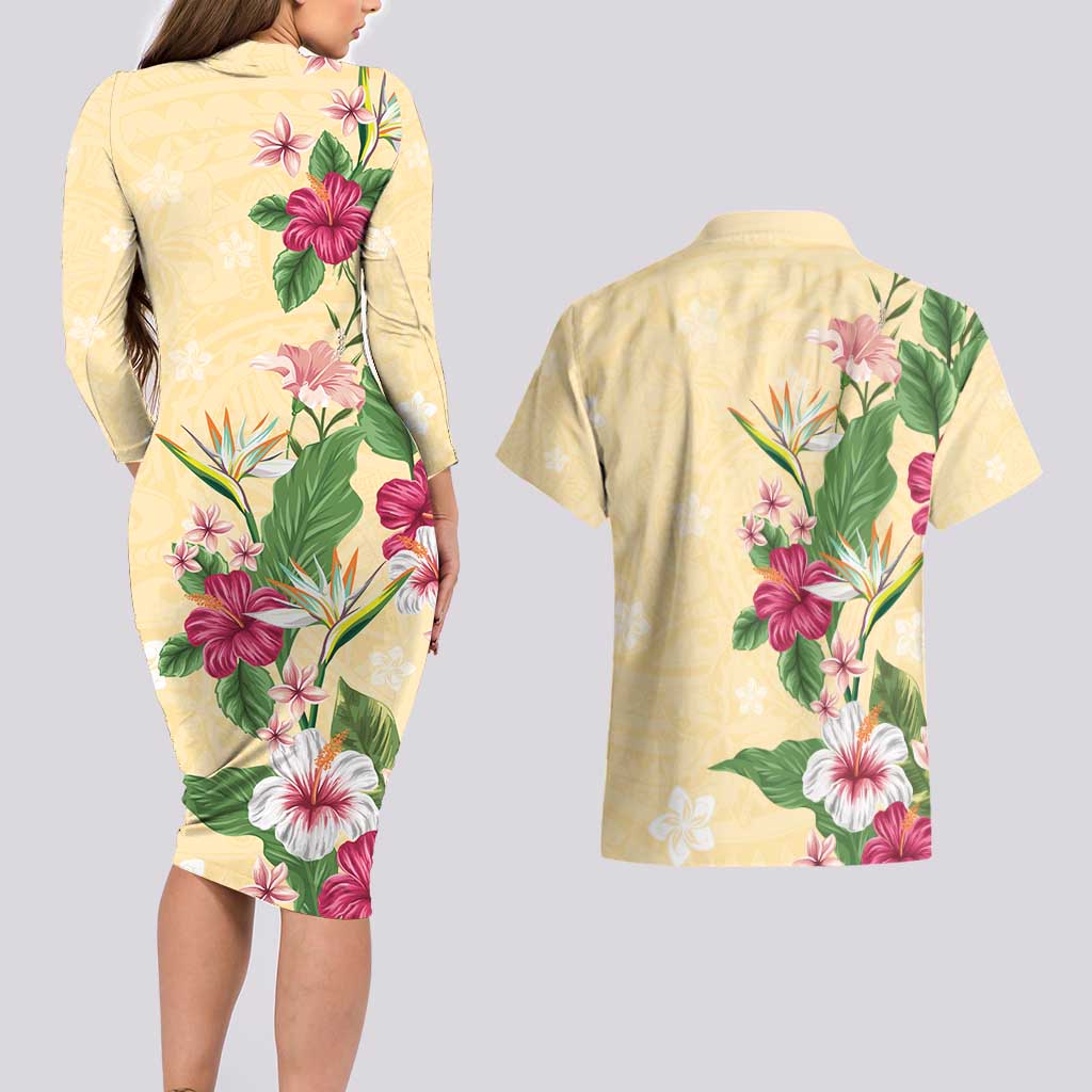 Hawaii Tropical Flowers Couples Matching Long Sleeve Bodycon Dress and Hawaiian Shirt Polynesian Tattoo Buttermilk