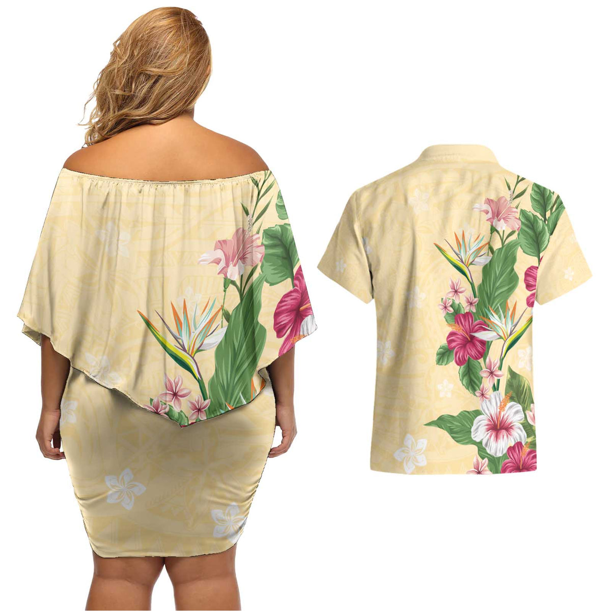 Hawaii Tropical Flowers Couples Matching Off Shoulder Short Dress and Hawaiian Shirt Polynesian Tattoo Buttermilk