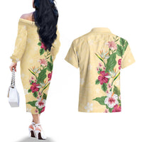 Hawaii Tropical Flowers Couples Matching Off The Shoulder Long Sleeve Dress and Hawaiian Shirt Polynesian Tattoo Buttermilk