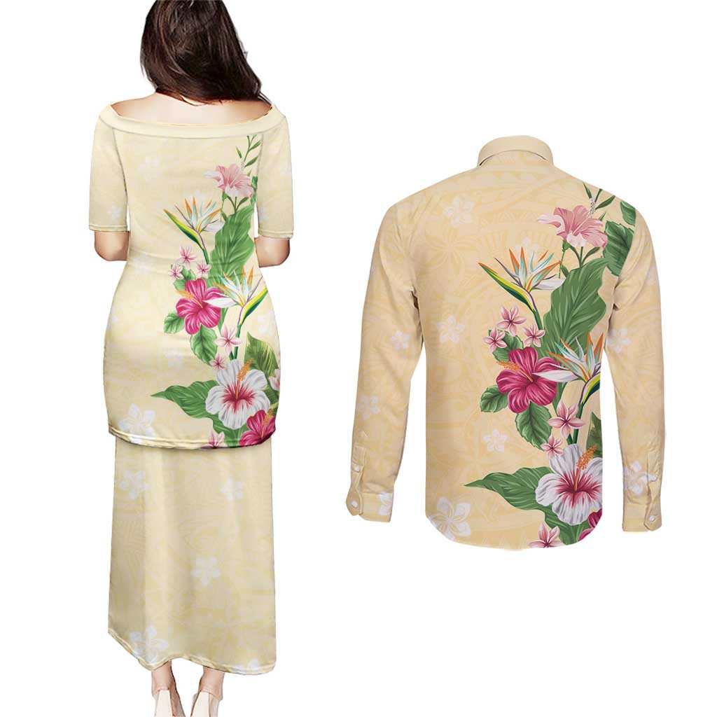 Hawaii Tropical Flowers Couples Matching Puletasi and Long Sleeve Button Shirt Polynesian Tattoo Buttermilk LT05 - Polynesian Pride
