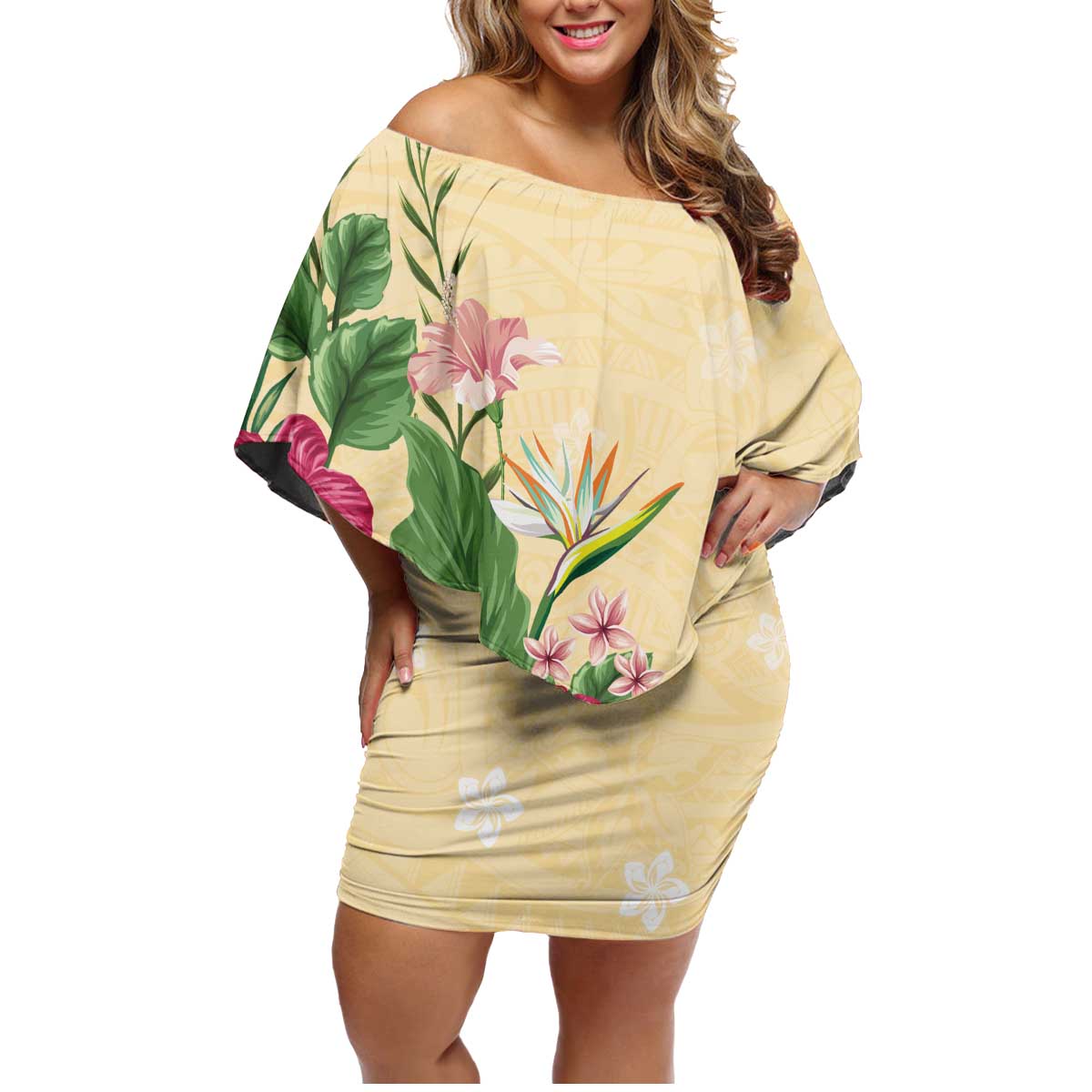 Hawaii Tropical Flowers Family Matching Off Shoulder Short Dress and Hawaiian Shirt Polynesian Tattoo Buttermilk