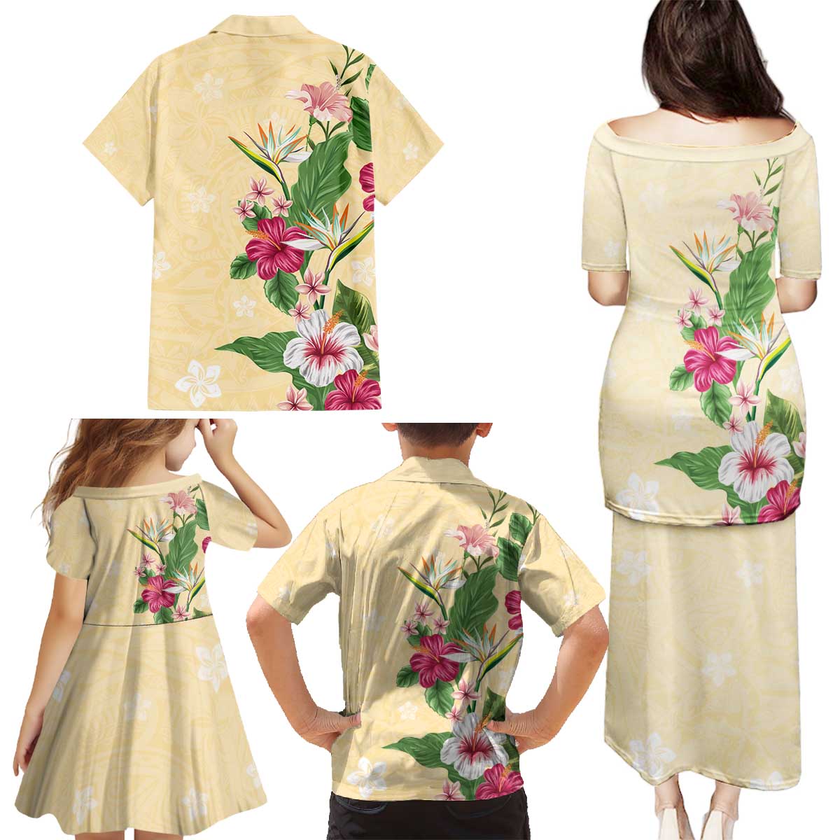 Hawaii Tropical Flowers Family Matching Puletasi and Hawaiian Shirt Polynesian Tattoo Buttermilk LT05 - Polynesian Pride