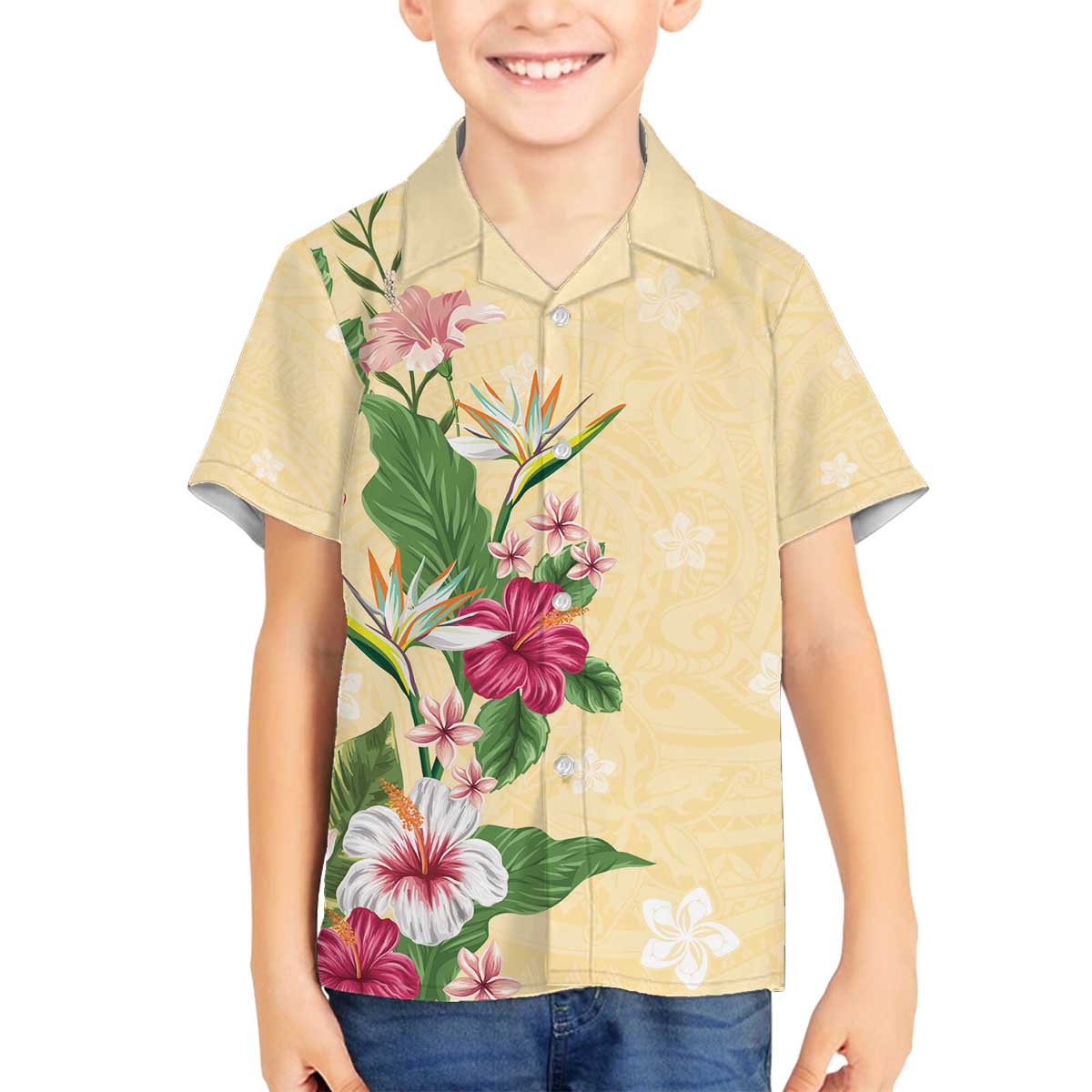 Hawaii Tropical Flowers Family Matching Puletasi and Hawaiian Shirt Polynesian Tattoo Buttermilk LT05 Son's Shirt Beige - Polynesian Pride