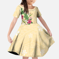Hawaii Tropical Flowers Family Matching Short Sleeve Bodycon Dress and Hawaiian Shirt Polynesian Tattoo Buttermilk LT05 Daughter's Dress Beige - Polynesian Pride