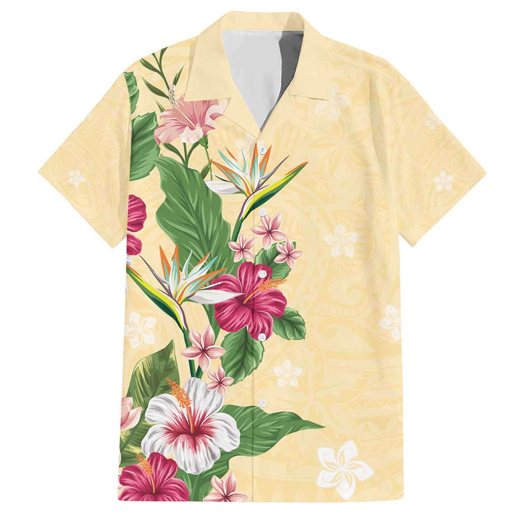 Hawaii Tropical Flowers Family Matching Short Sleeve Bodycon Dress and Hawaiian Shirt Polynesian Tattoo Buttermilk LT05 Dad's Shirt - Short Sleeve Beige - Polynesian Pride