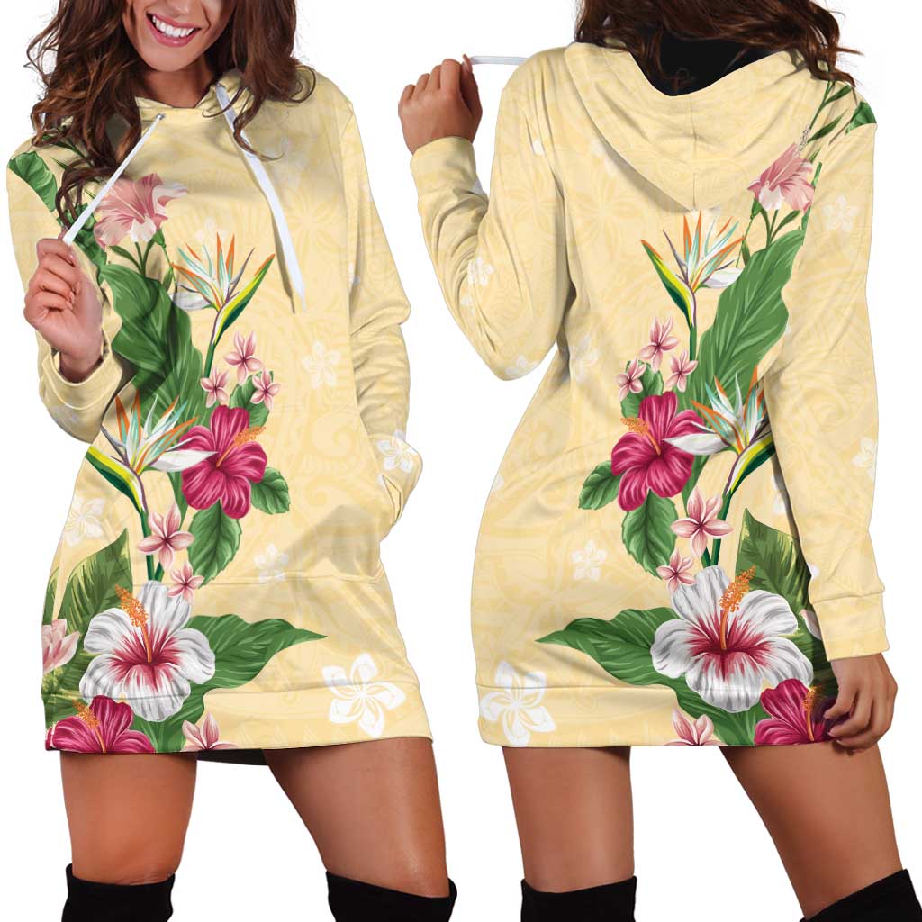 Hawaii Tropical Flowers Hoodie Dress Polynesian Tattoo Buttermilk