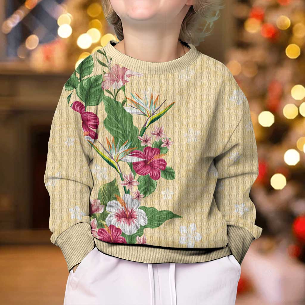 Hawaii Tropical Flowers Kid Ugly Christmas Sweater Polynesian Tattoo Buttermilk