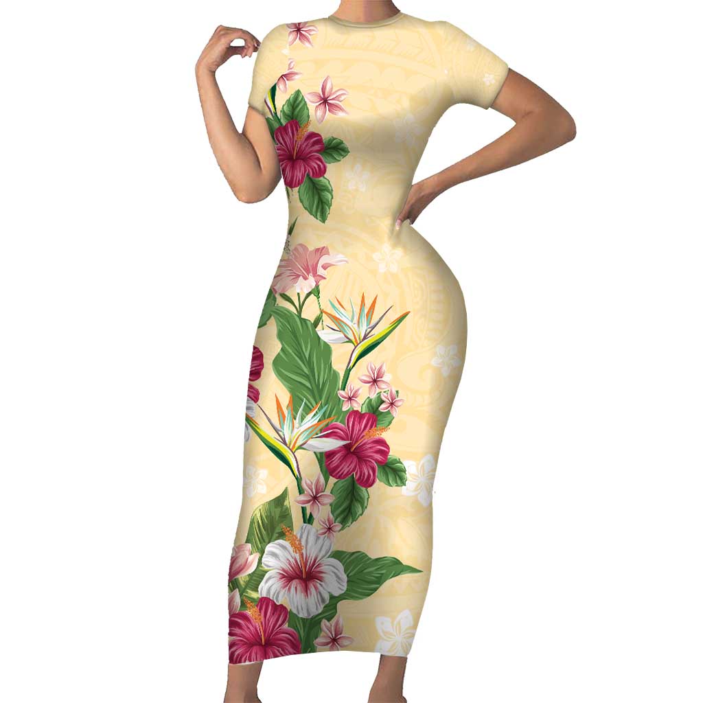 Hawaii Tropical Flowers Short Sleeve Bodycon Dress Polynesian Tattoo Buttermilk LT05 Long Dress Beige - Polynesian Pride