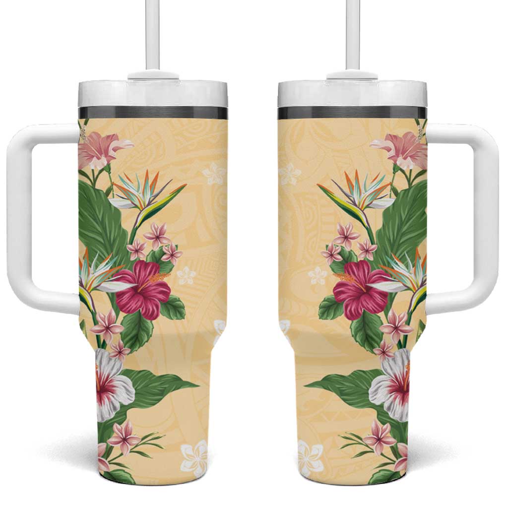 Hawaii Tropical Flowers Tumbler With Handle Polynesian Tattoo Buttermilk